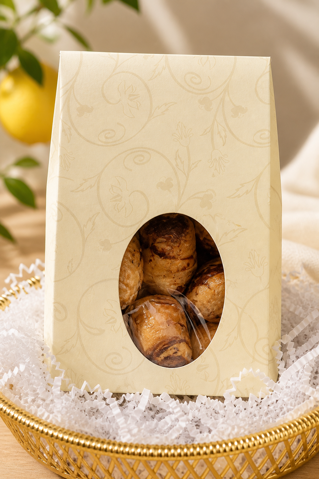Kosherline rugelach pastries in a decorative cream box with a window, displayed in a golden basket with white filler.