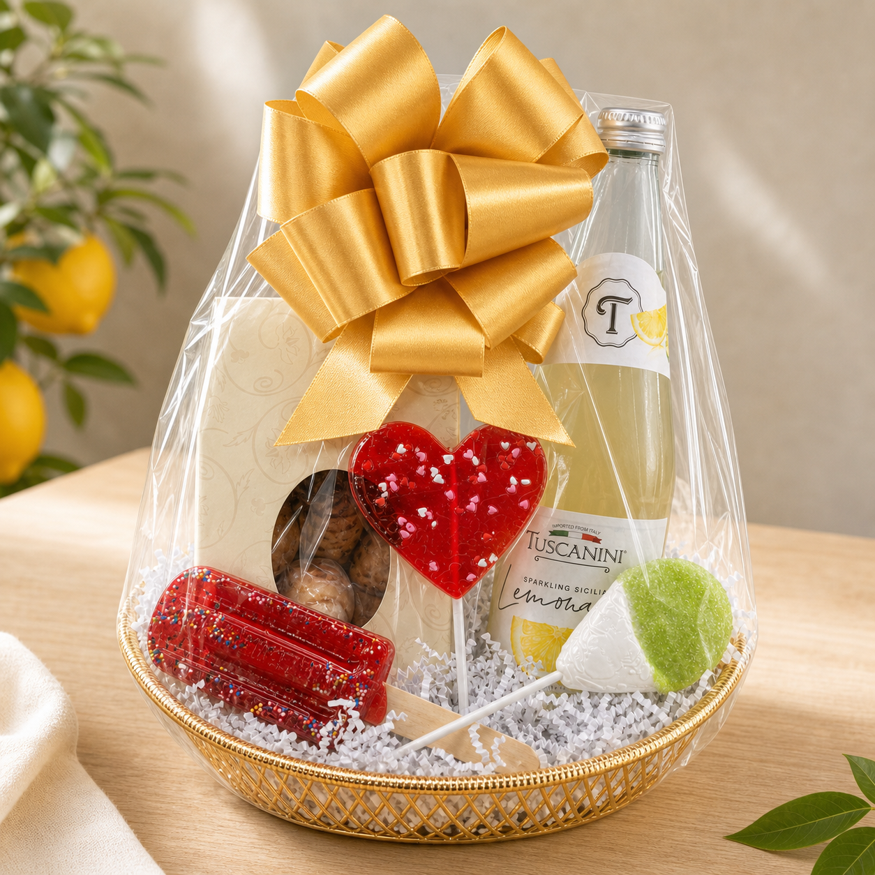 Kosherline Summer Sips & Sweets gift basket with sparkling lemonade, rugelach, and colorful lollipops in gold basket
