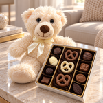 Kosherline gift set featuring a fluffy cream teddy bear with a ribbon next to a box of assorted gourmet chocolates.