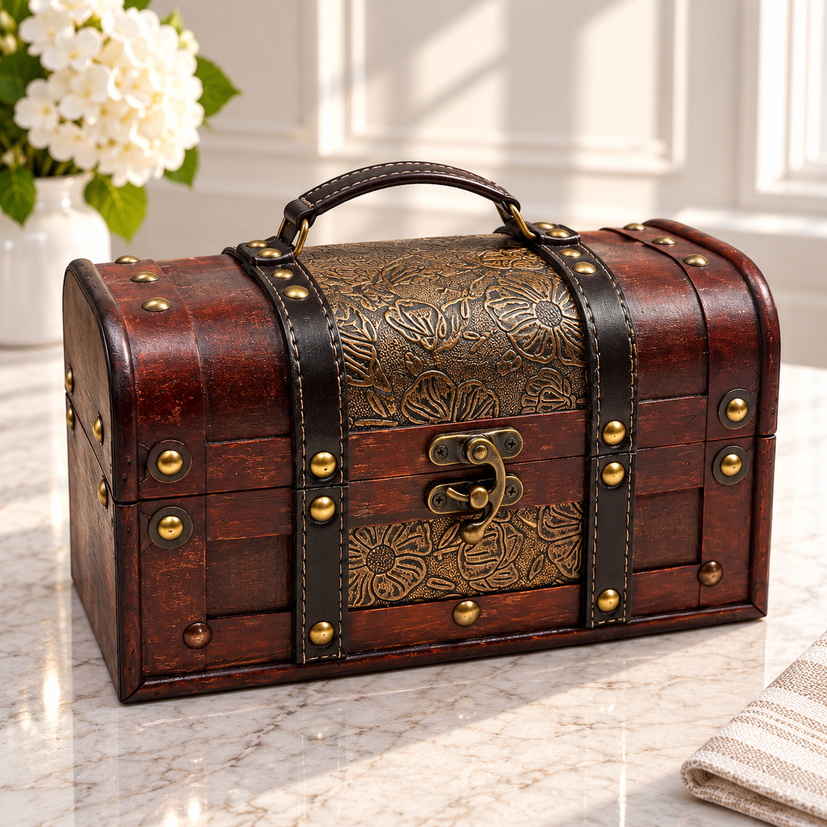 Kosherline vintage style dark wood wine chest with embossed floral metal detailing and antique brass hardware