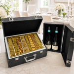 Kosherline wine chest gift set featuring two bottles of Tercinero wine and an assortment of gourmet baklava pastries.
