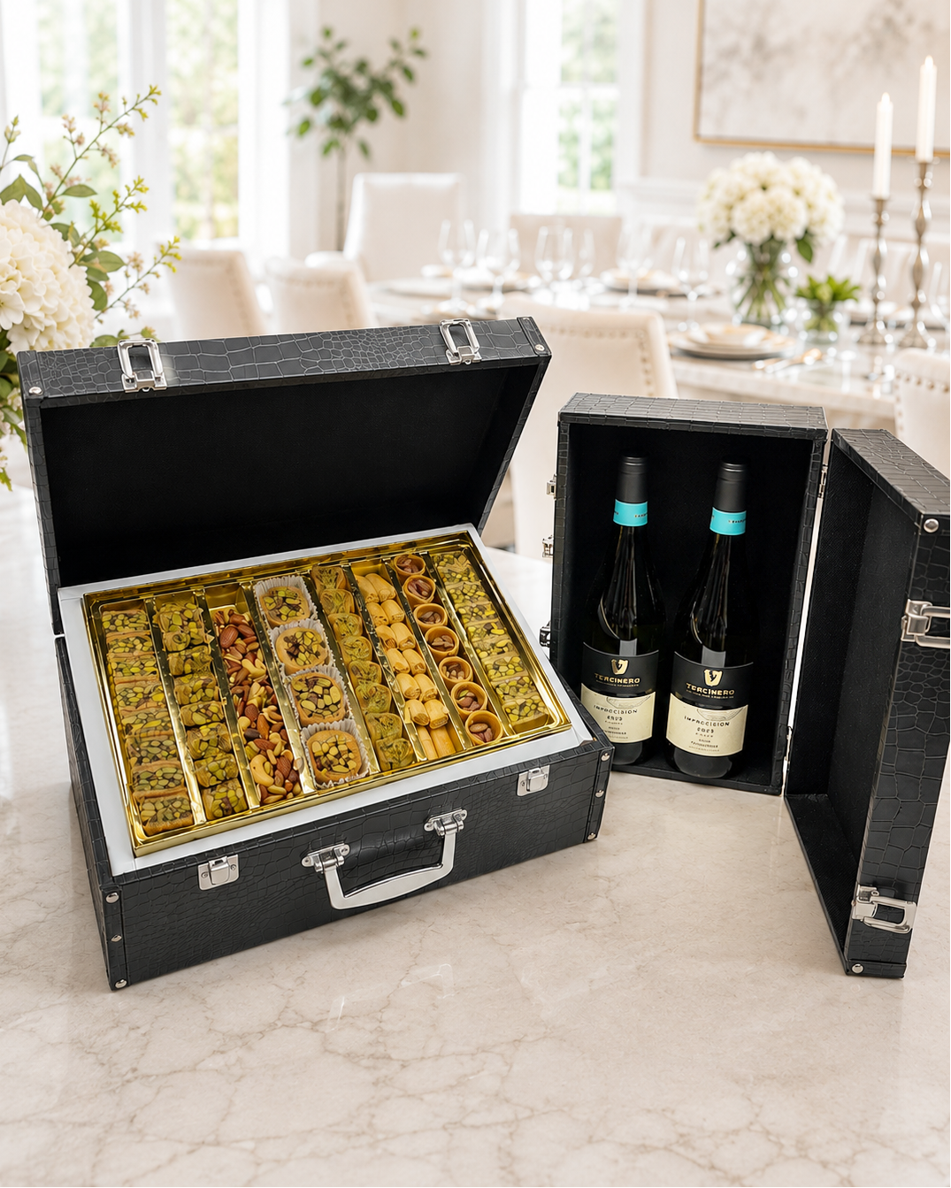 Kosherline wine chest gift set featuring two bottles of Tercinero wine and an assortment of gourmet baklava pastries.