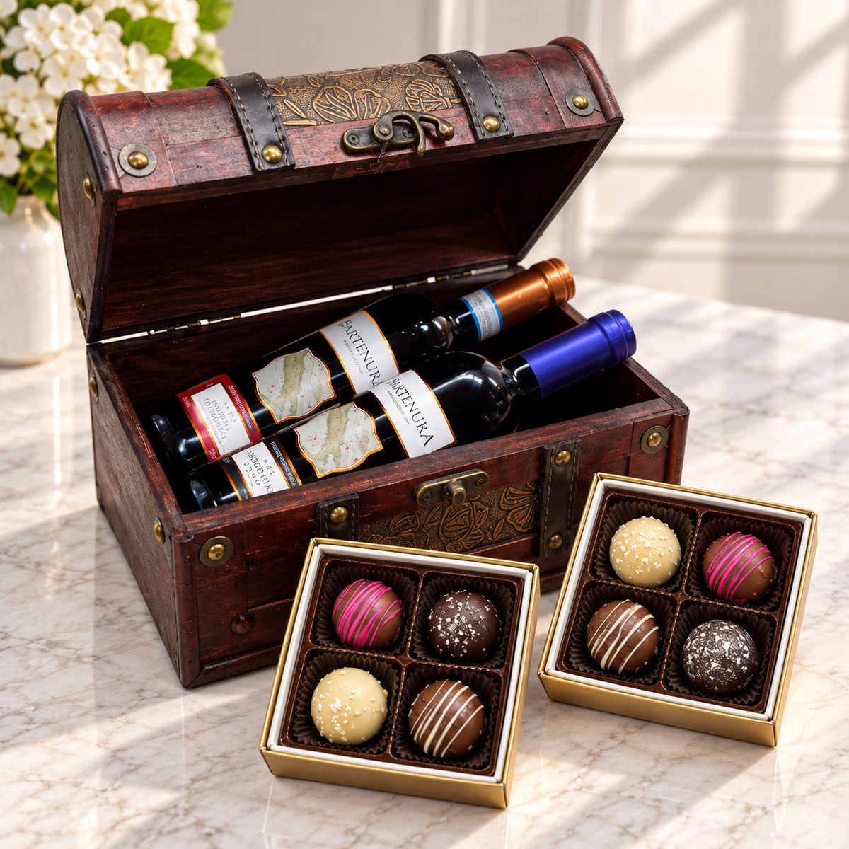 Kosherline wine chest containing two bottles of Bartenura wine with two boxes of assorted gourmet chocolate truffles