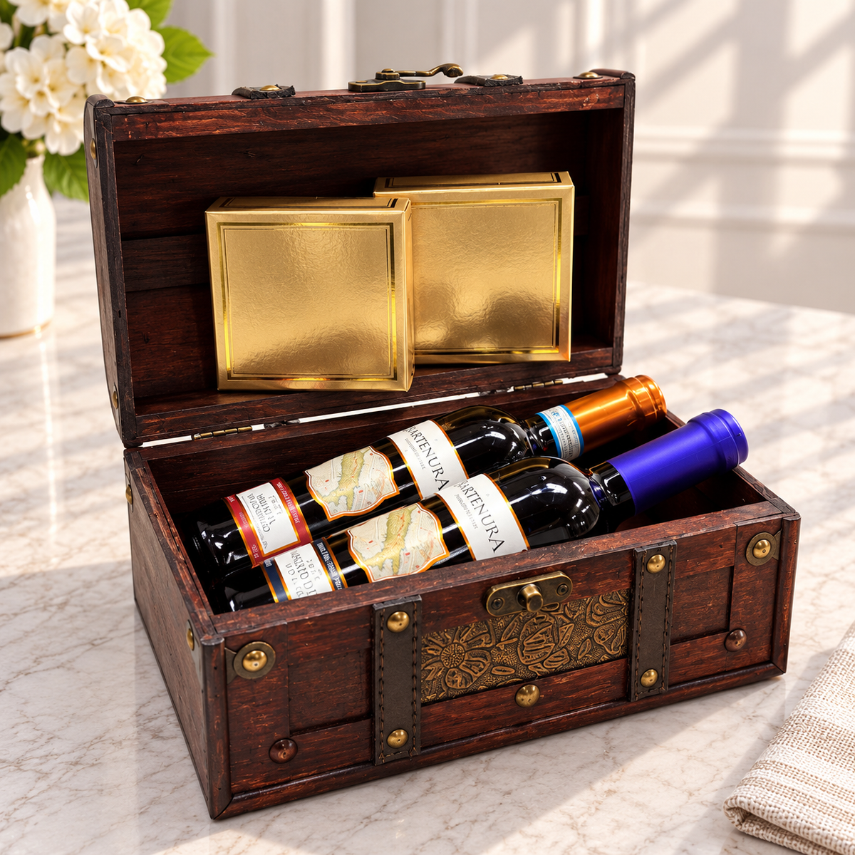 Kosherline wine chest containing two bottles of Moscato d'Asti and two gold gift boxes of chocolate truffles