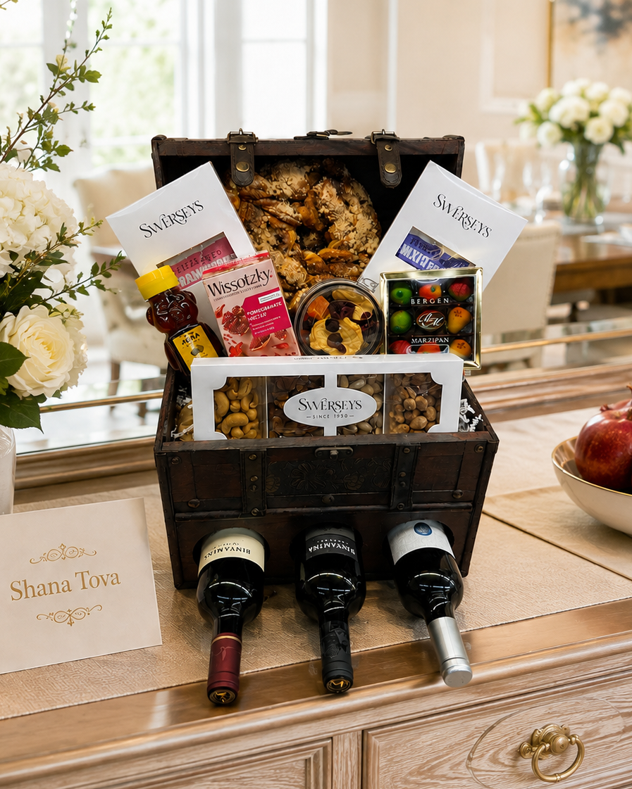 Kosherline Wine Chest 1 gift set featuring three wine bottles, assorted gourmet snacks, and sweets in a wooden trunk.