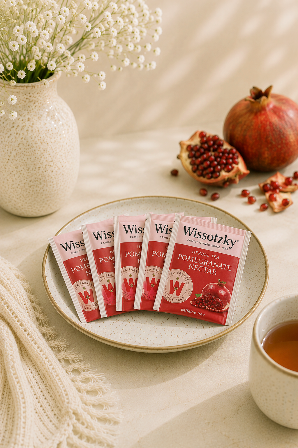 Kosherline Wissotzky pomegranate nectar herbal tea bags arranged on a speckled ceramic plate with fresh pomegranate