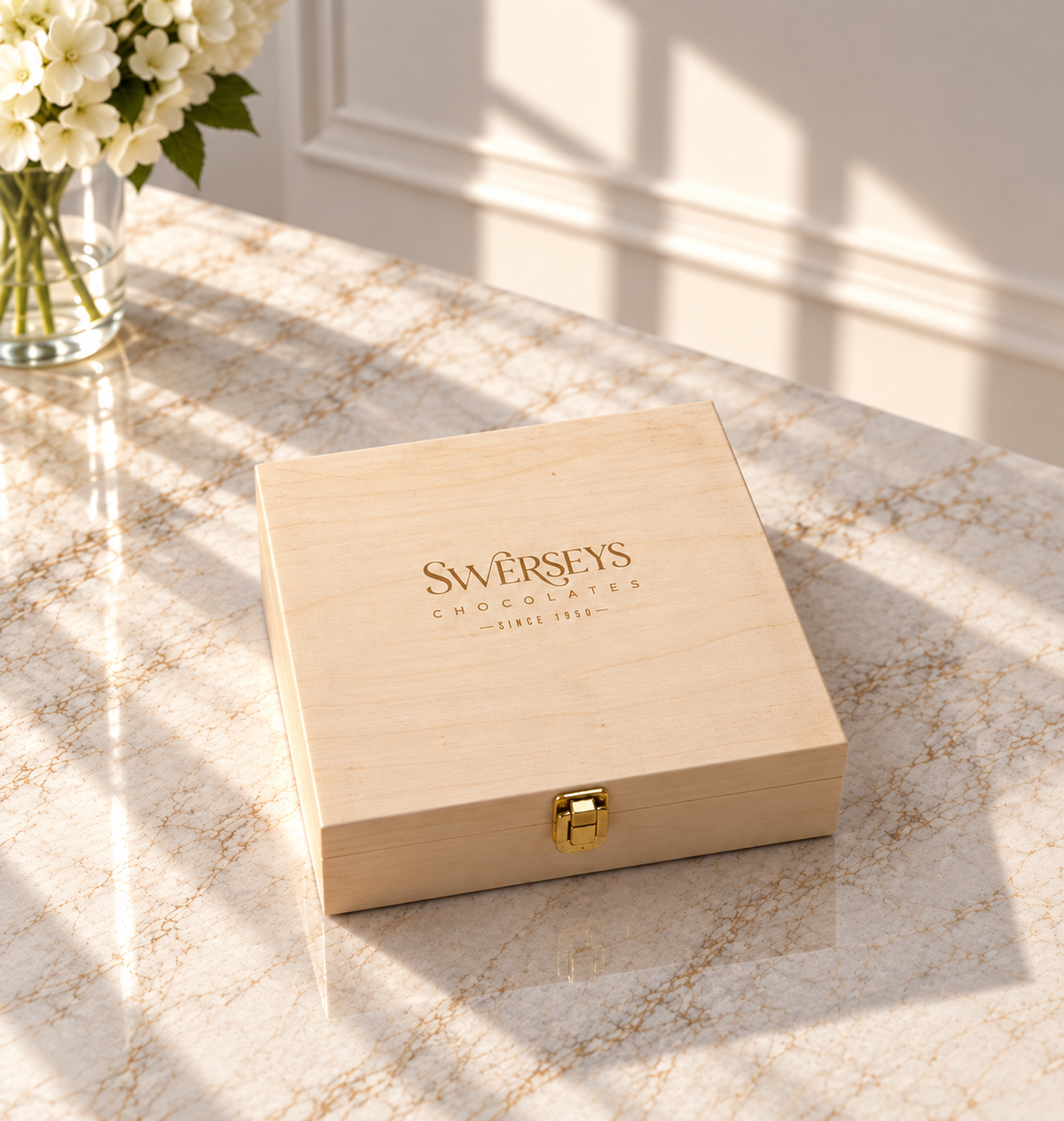Kosherline small wooden gift box with Swerseys Chocolates branding, closed with a gold latch on a marble table.