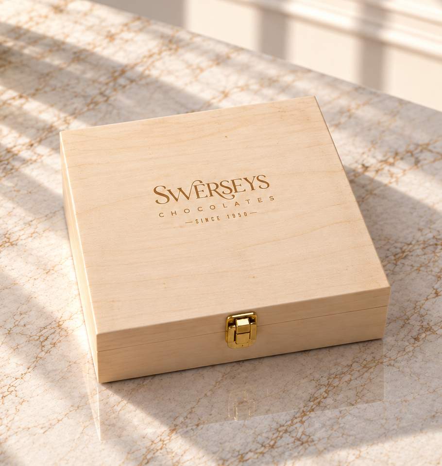 Kosherline small wooden gift box for assorted truffles with a gold metal latch on a marble surface.