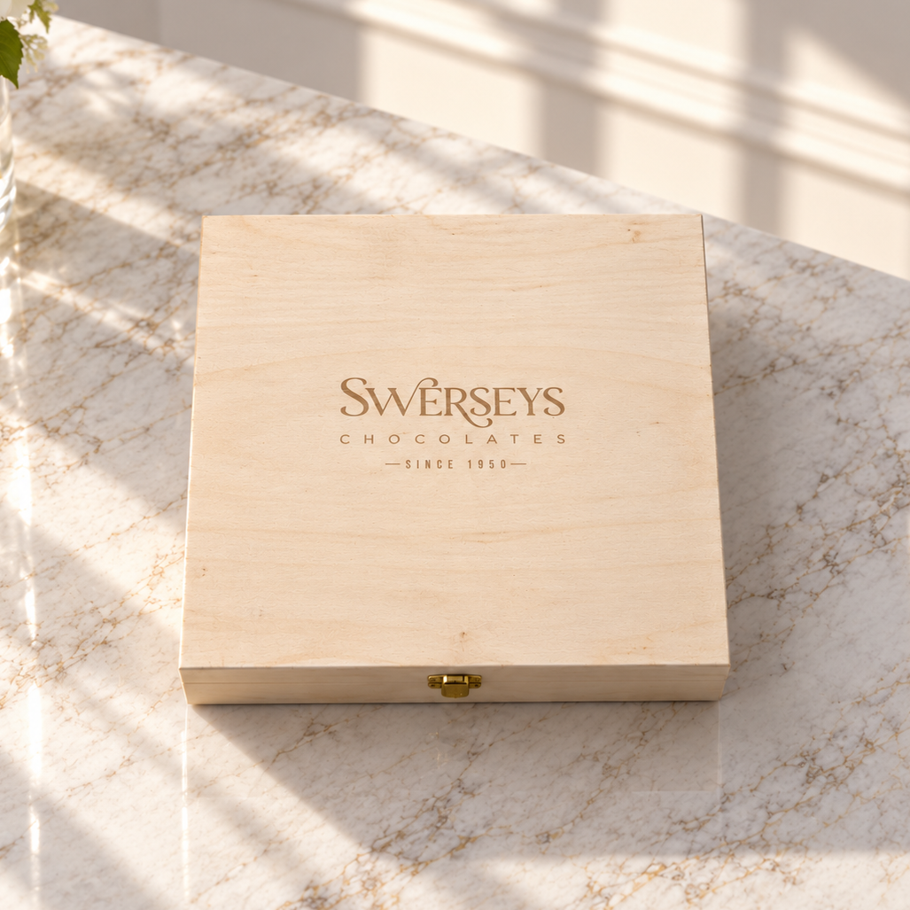 Kosherline small wooden gift box with Swerseys Chocolates branding, closed on a marble surface.
