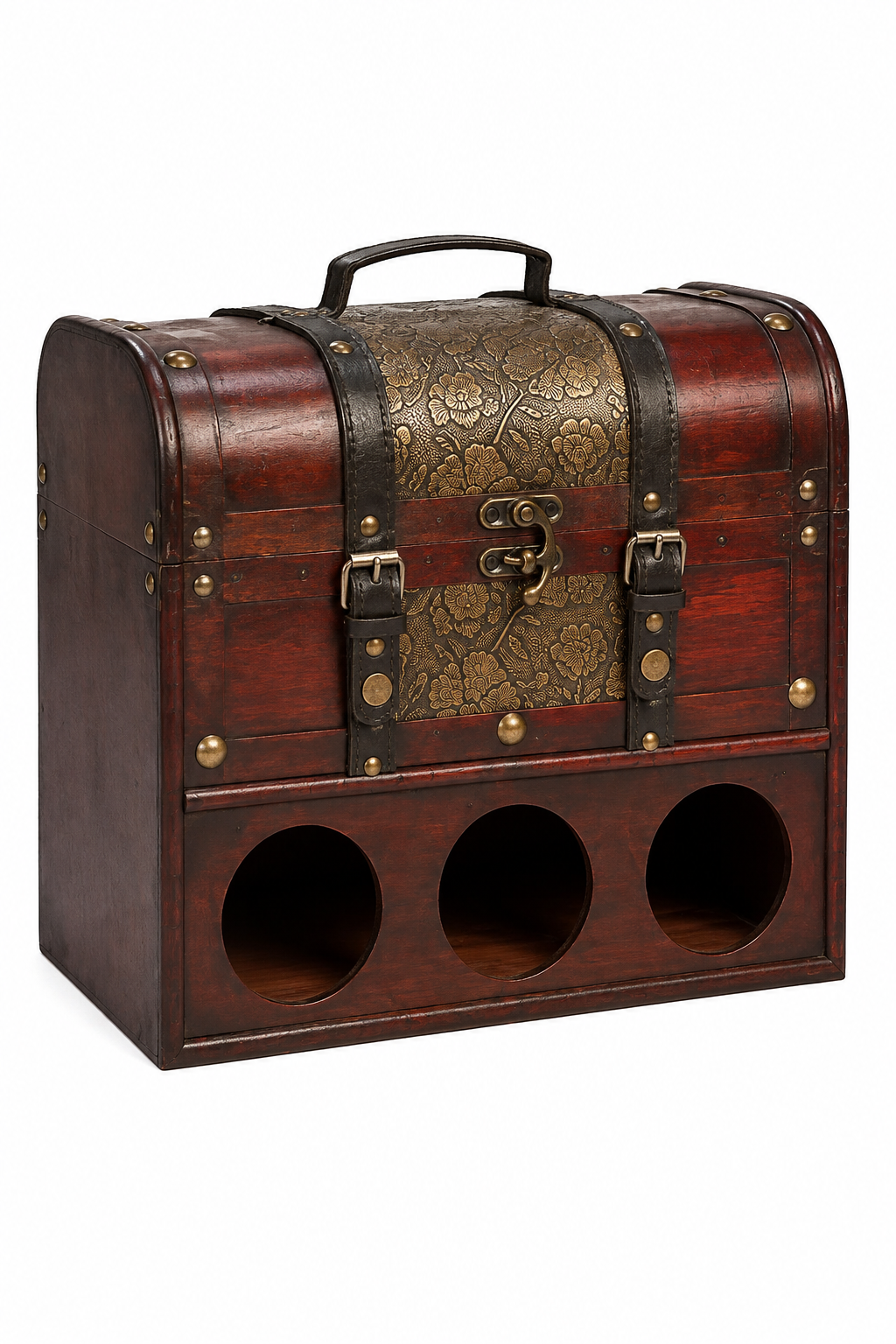 Kosherline vintage style wooden wine chest with floral embossed metal detail, leather straps, and three bottle slots.