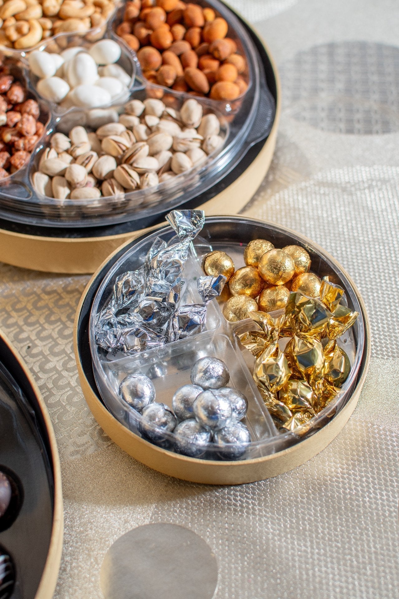 Luxe 5 Tier Gourmet Nuts & Chocolates Round Gold Gift Box 3
