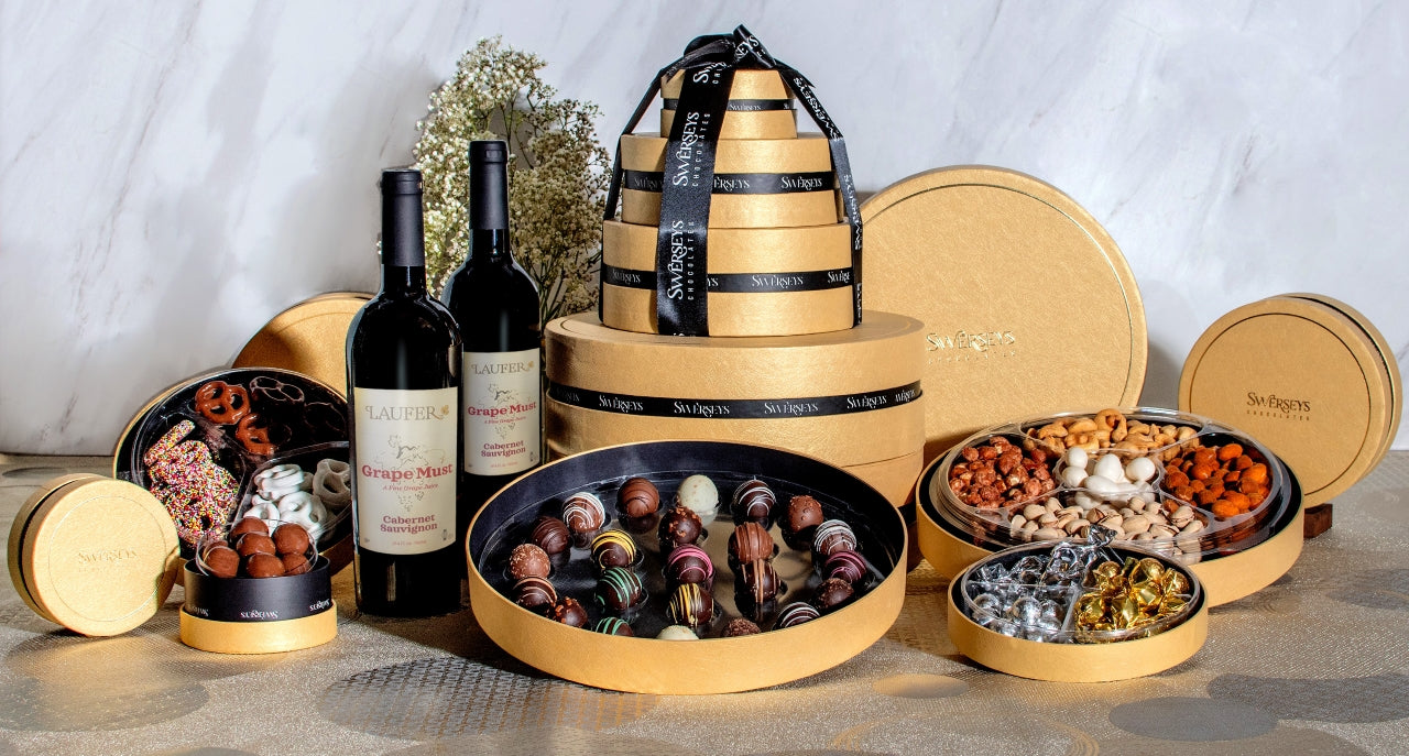 Luxe 5 Tier Gourmet Nuts & Chocolates Round Gold Gift Box